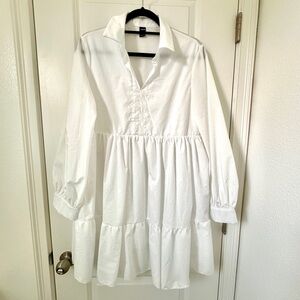 Women's Preppy White Ruffle Dress with Long Sleeves and Collar - Large
